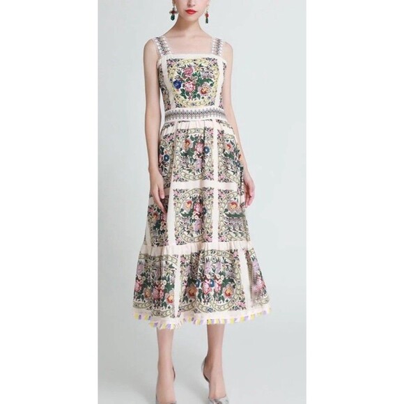 Boho Floral Embellished Midi Sundress Festival Garden Party a real statement M - Picture 1 of 13